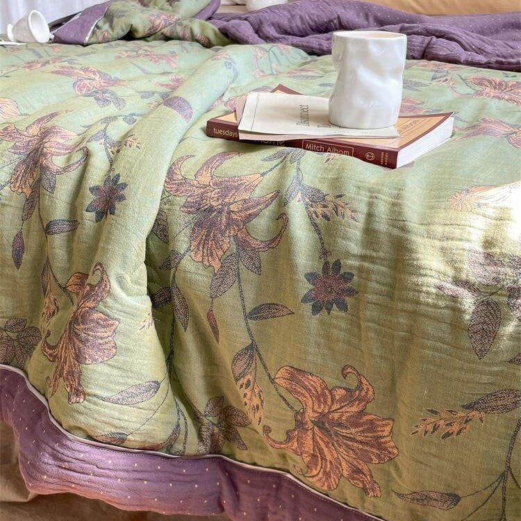 Throw Blanket Lightweight Quilted Cotton-Linen Floral Jacquard