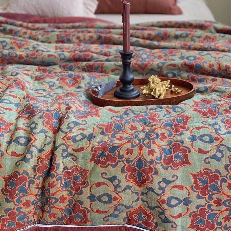 Throw Blanket Lightweight Quilted Cotton-Linen Floral Jacquard