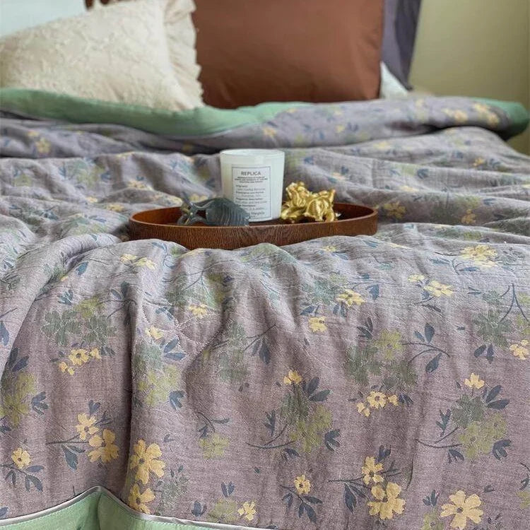 Throw Blanket Lightweight Quilted Cotton-Linen Floral Jacquard