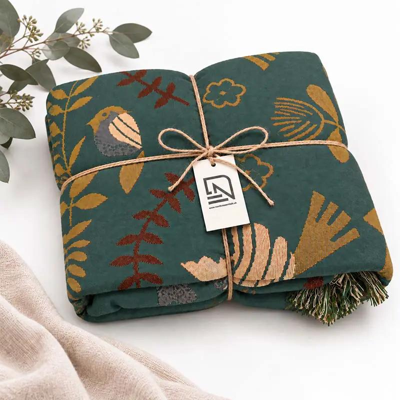 Throw Blanket Reversible Cotton Bird Motif Machine Washable