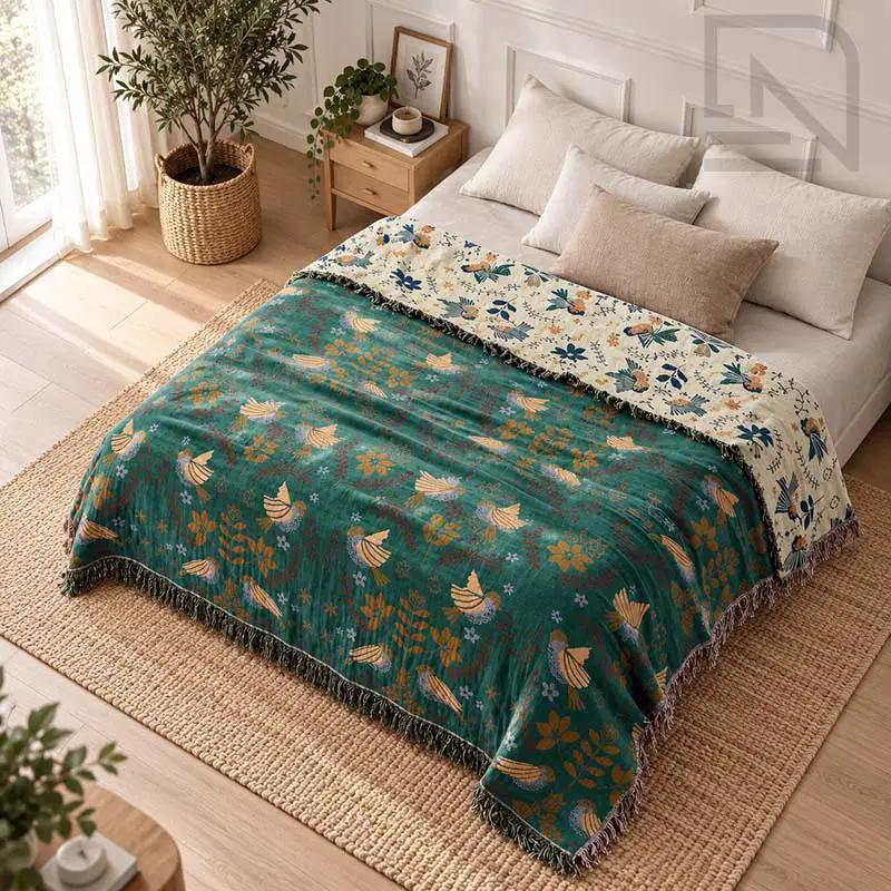 Throw Blanket Reversible Cotton Bird Motif Machine Washable