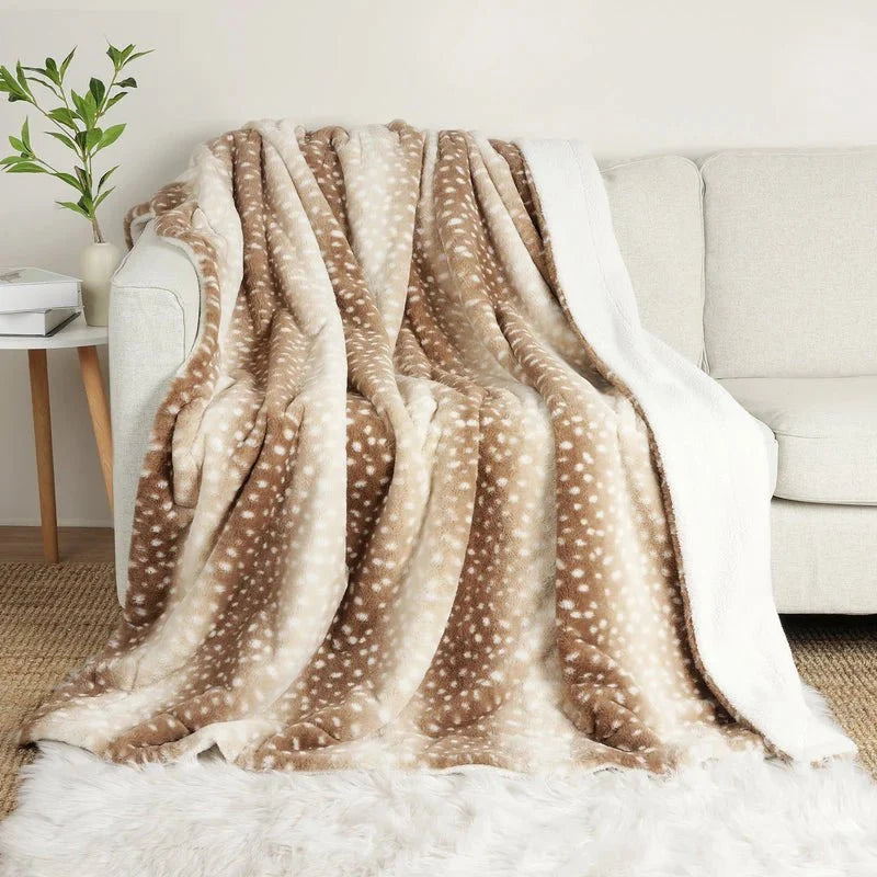 Throw Blanket Reversible Faux Fur Deer Print