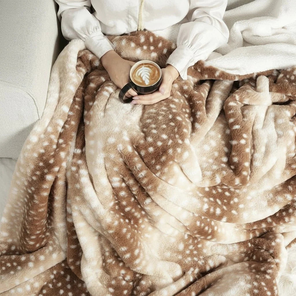 Throw Blanket Reversible Faux Fur Deer Print
