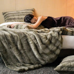 Throw Blanket Reversible Faux Fur Quilted Wave Machine Washable