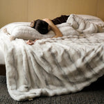 Throw Blanket Reversible Faux Fur Quilted Wave Machine Washable