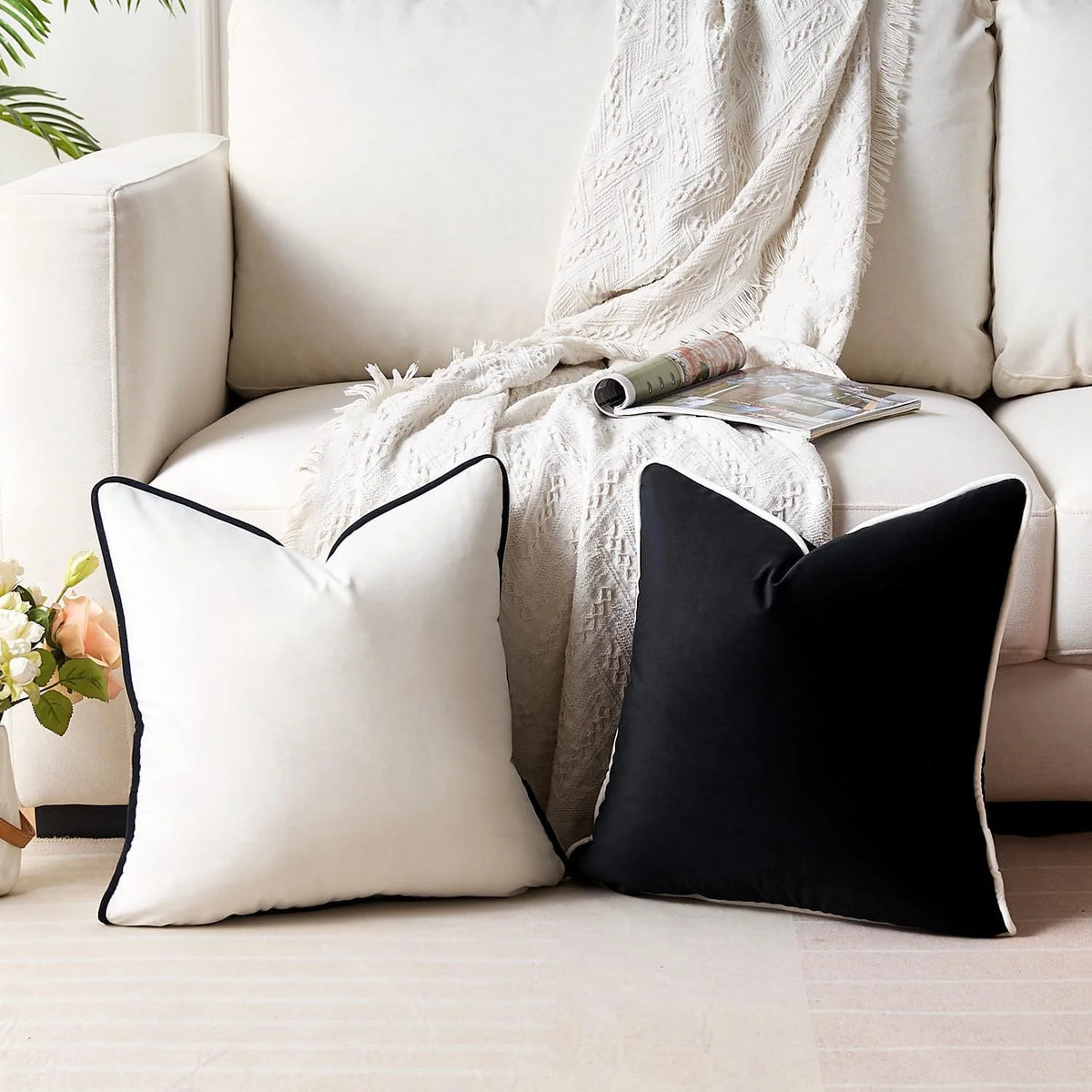 Throw Cushion Velvet Contrast Piping Removable Cover