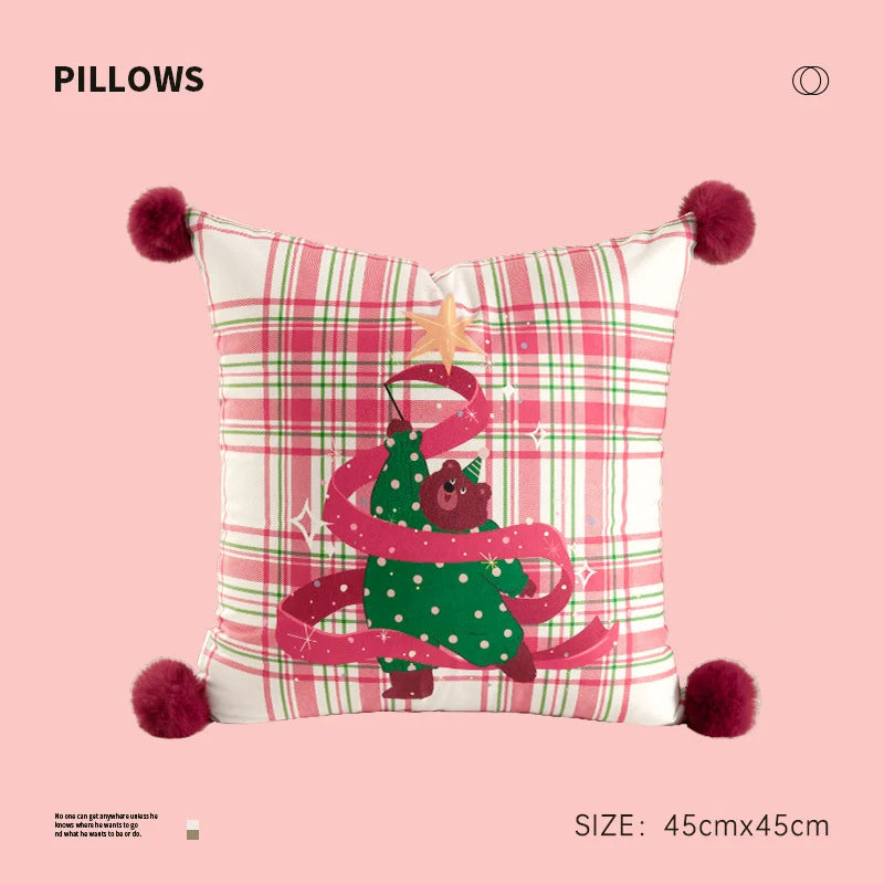 Throw Pillow Christmas Dog Print Pom-Poms Removable Cover