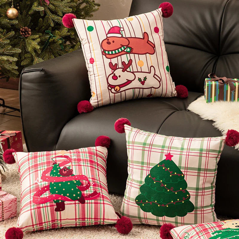 Throw Pillow Christmas Dog Print Pom-Poms Removable Cover