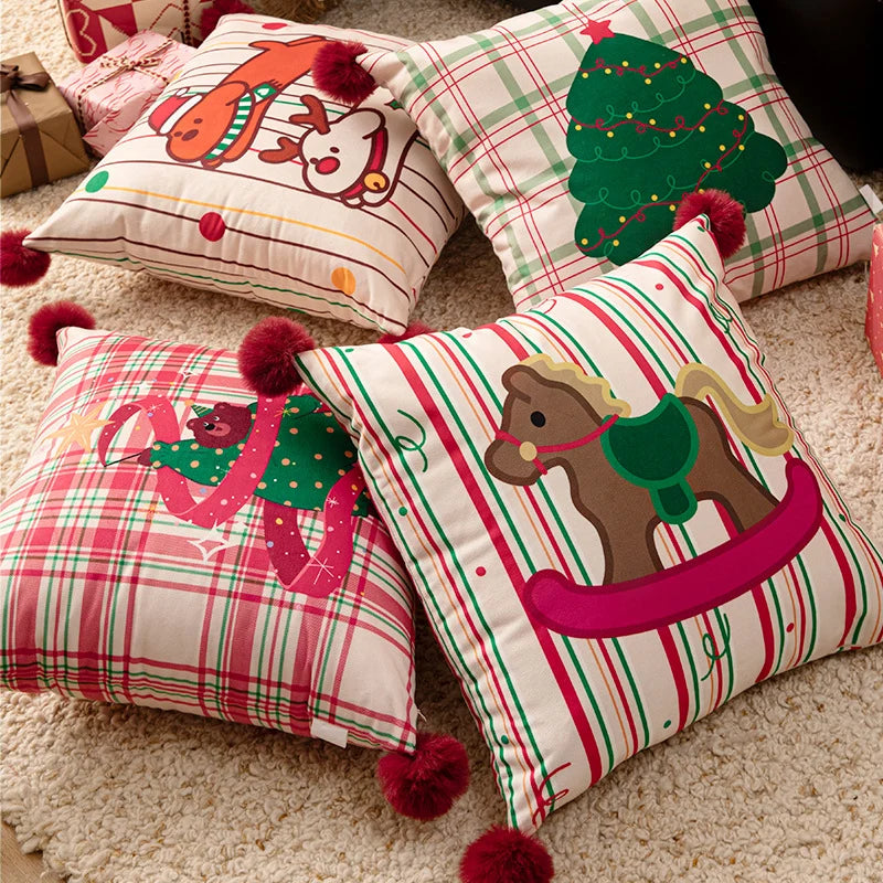 Throw Pillow Christmas Dog Print Pom-Poms Removable Cover
