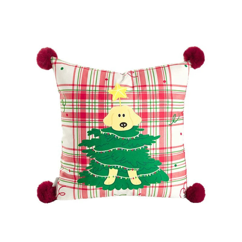 Throw Pillow Christmas Dog Print Pom-Poms Removable Cover