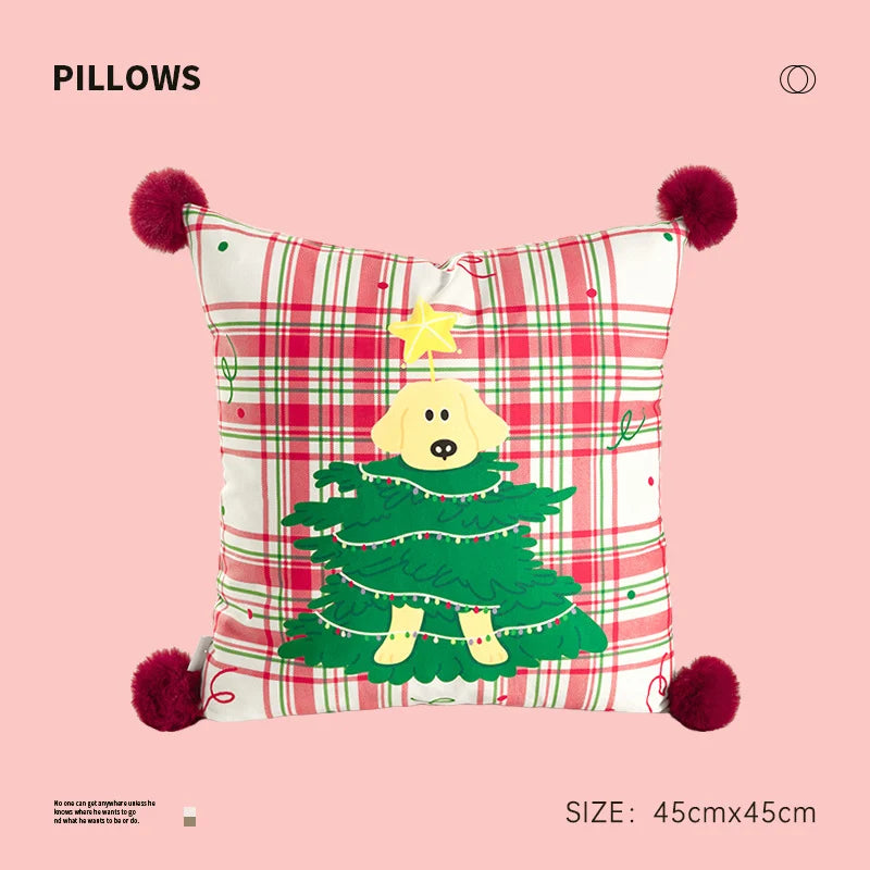 Throw Pillow Christmas Dog Print Pom-Poms Removable Cover