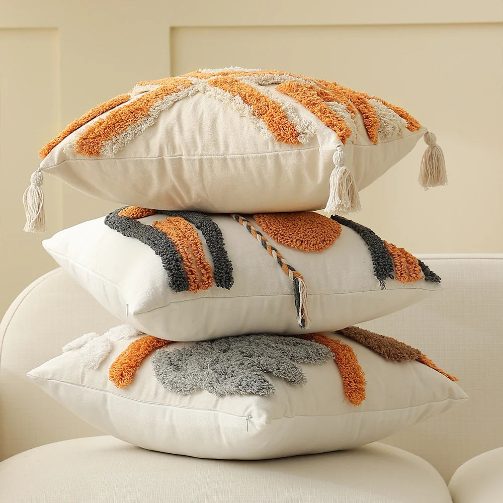 Throw Pillow Cover Boho Chenille Fringes Cotton Blend