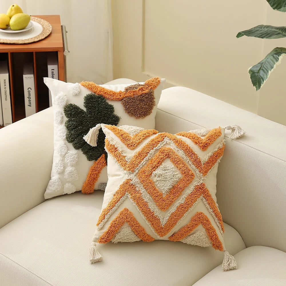Throw Pillow Cover Boho Chenille Fringes Cotton Blend