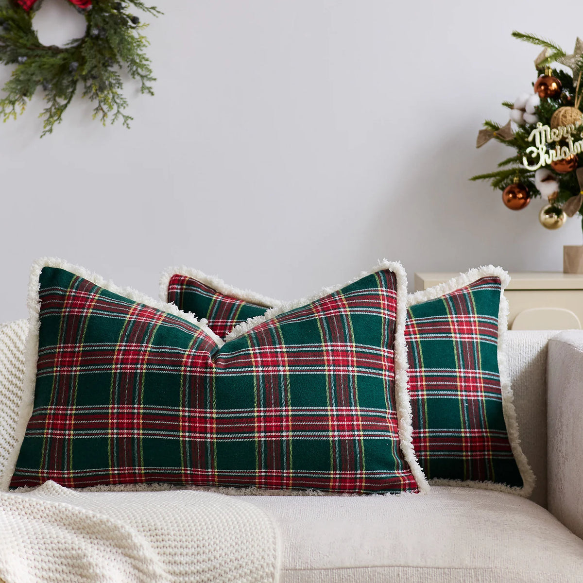 Throw Pillow Cover Brushed Flannel Sherpa Trim Hidden Zipper