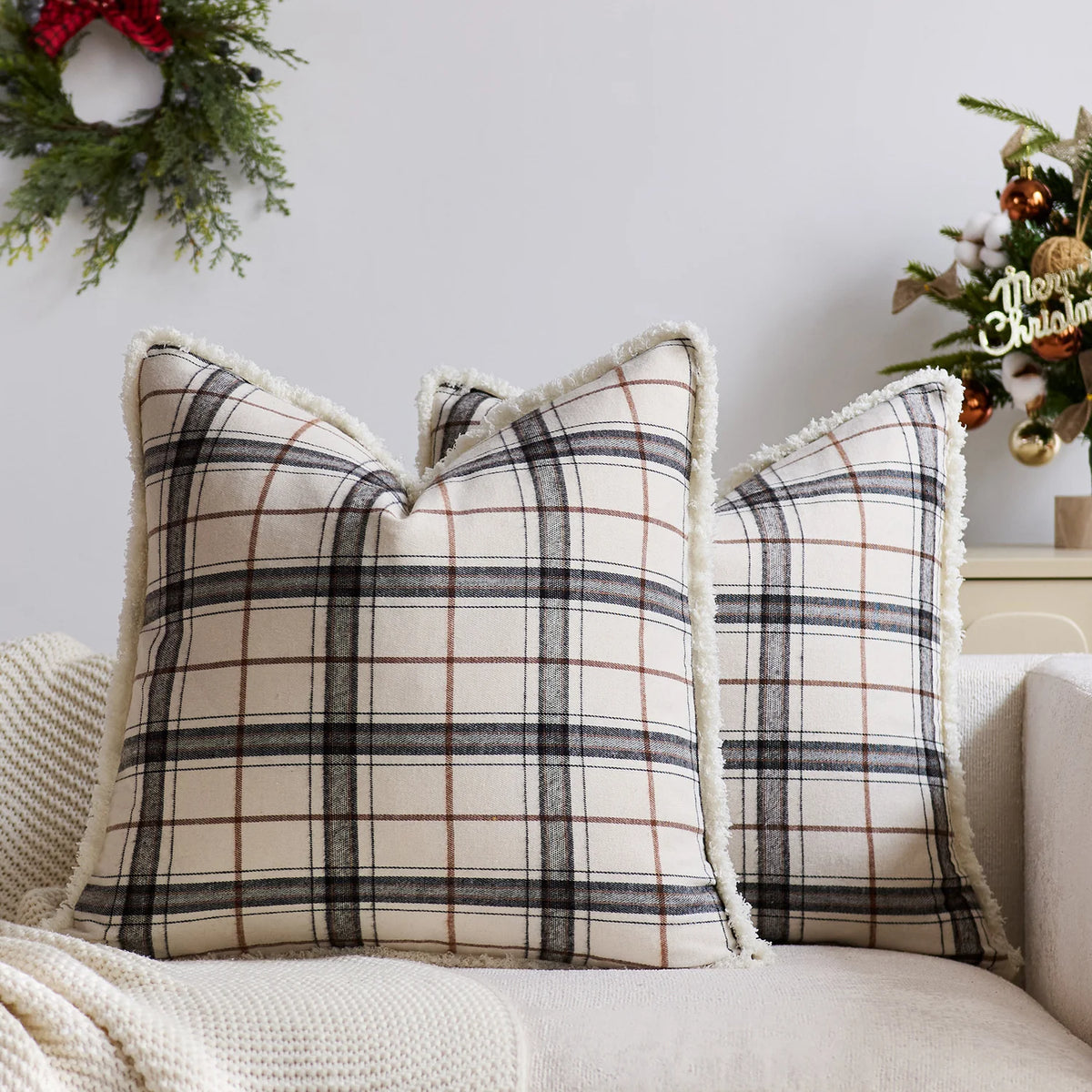 Throw Pillow Cover Brushed Flannel Sherpa Trim Hidden Zipper