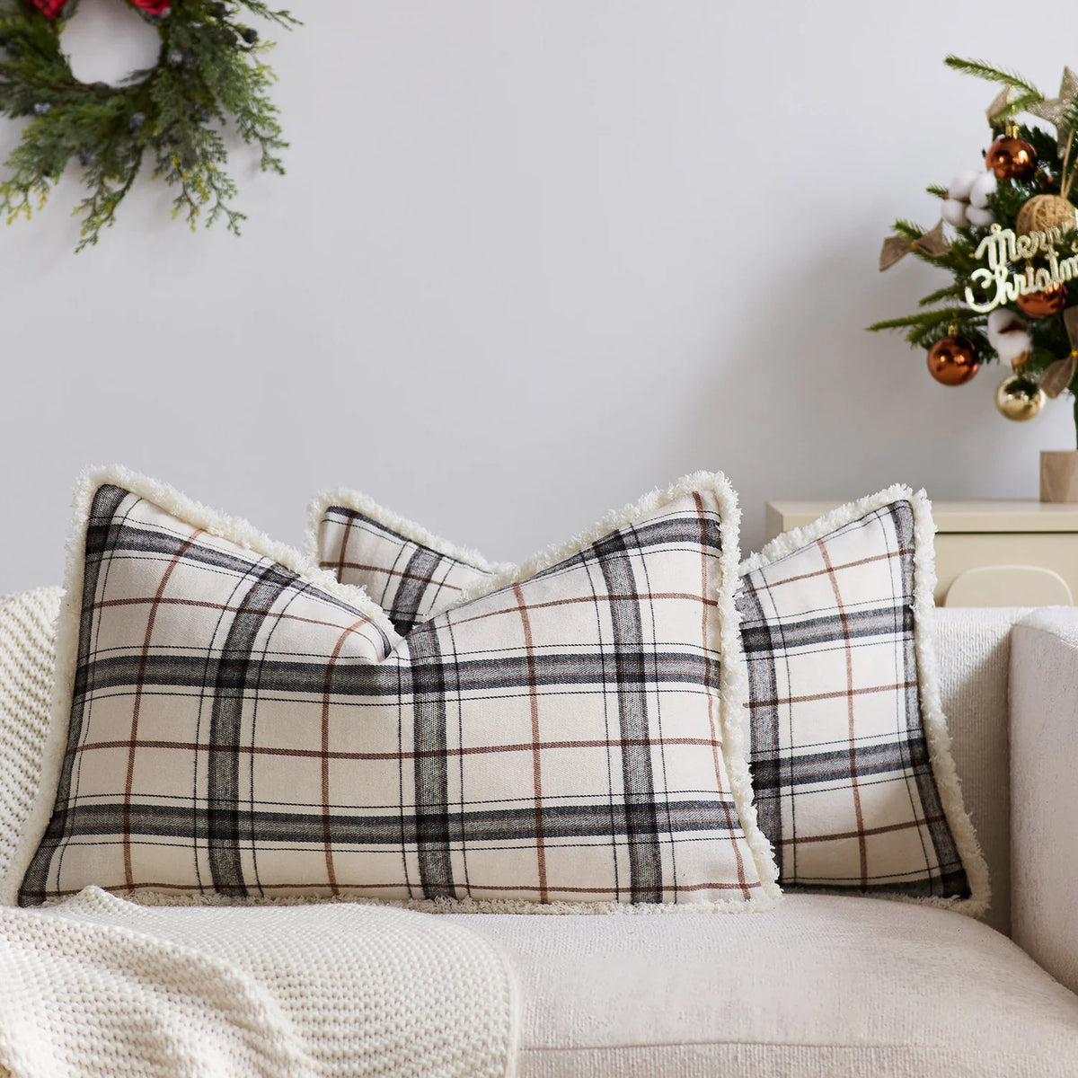 Throw Pillow Cover Brushed Flannel Sherpa Trim Hidden Zipper