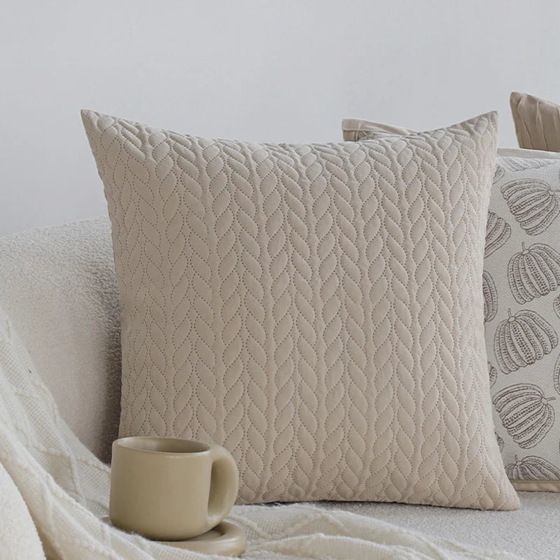 Throw Pillow Cover Cable-Quilted Microfiber-Cotton Hidden Zipper