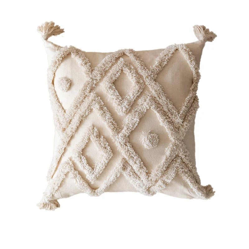 Throw Pillow Cover Cotton Blend Tufted Diamond Tassels