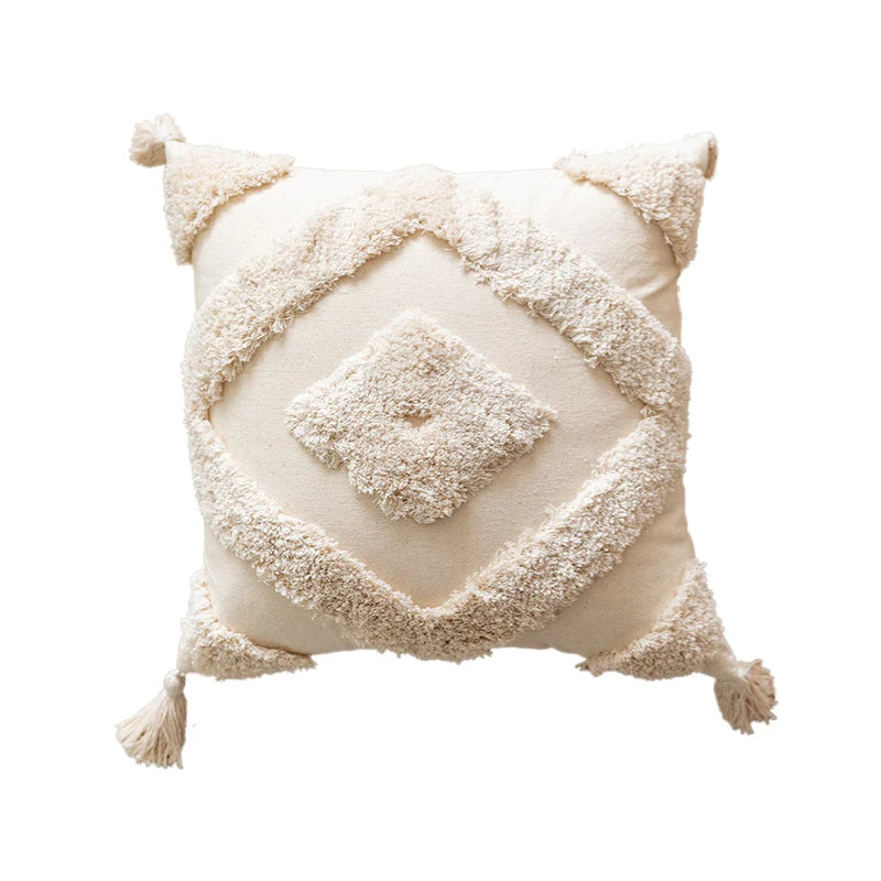 Throw Pillow Cover Cotton Blend Tufted Diamond Tassels