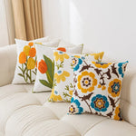 Throw Pillow Cover Cotton-Linen Embroidered Floral Hidden Zipper