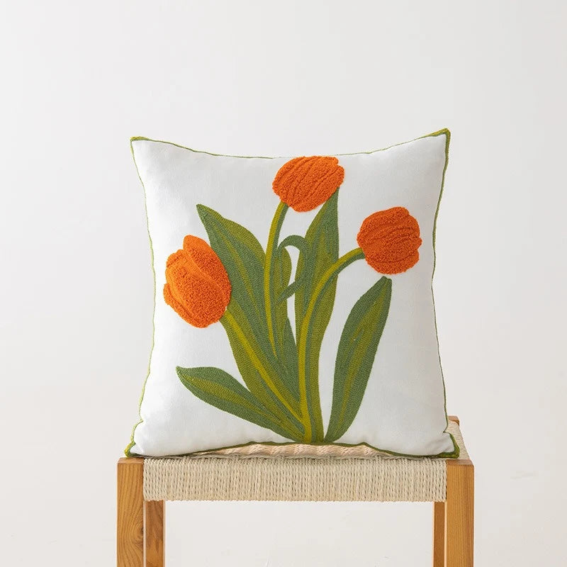 Throw Pillow Cover Cotton-Linen Embroidered Floral Hidden Zipper