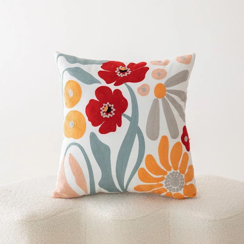 Throw Pillow Cover Cotton-Linen Embroidered Floral Hidden Zipper