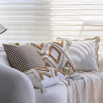 Throw Pillow Cover Cotton-Linen Hand-Tufted Diamond & Tassels