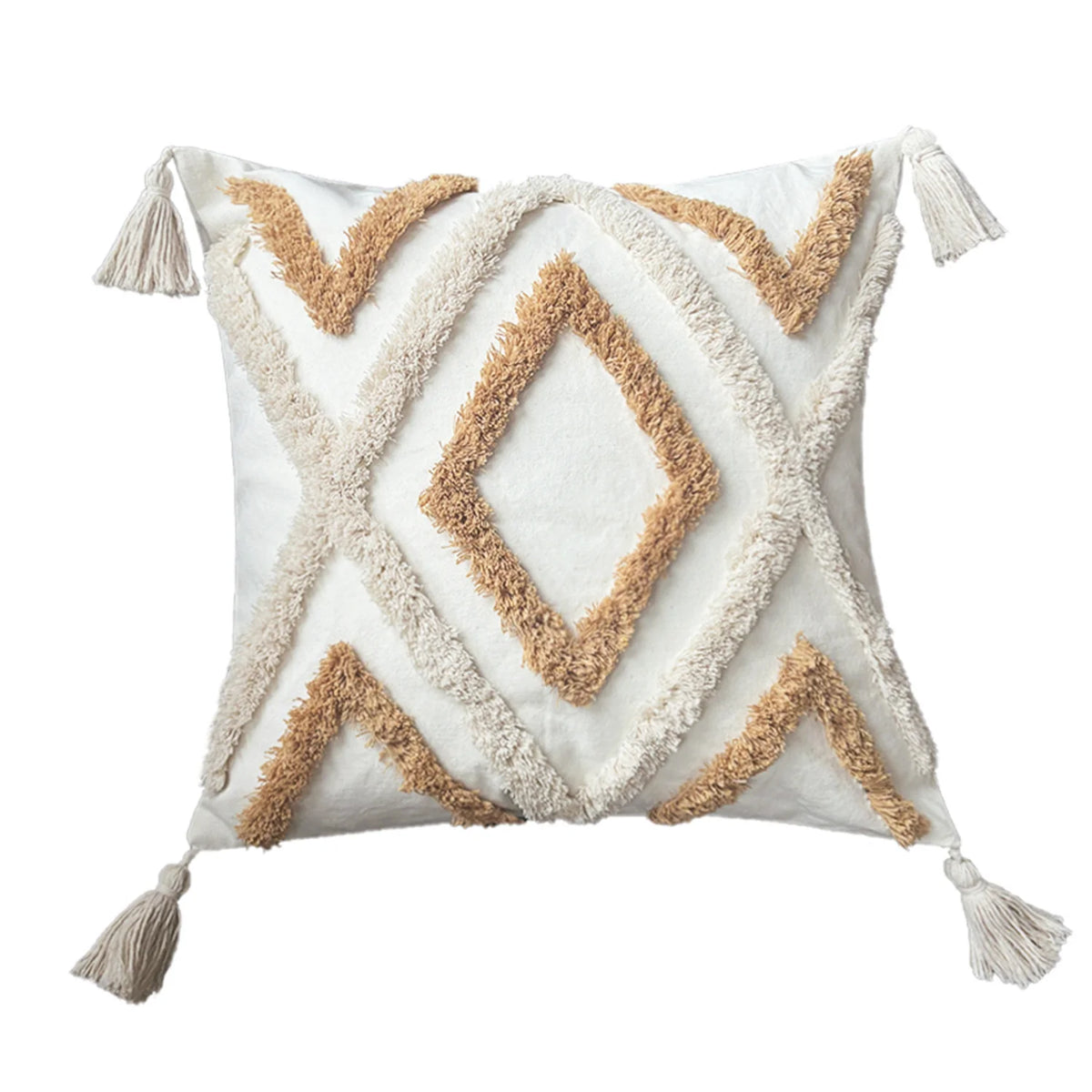 Throw Pillow Cover Cotton-Linen Hand-Tufted Diamond & Tassels