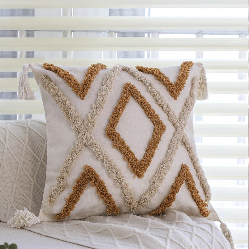 Throw Pillow Cover Cotton-Linen Hand-Tufted Diamond & Tassels