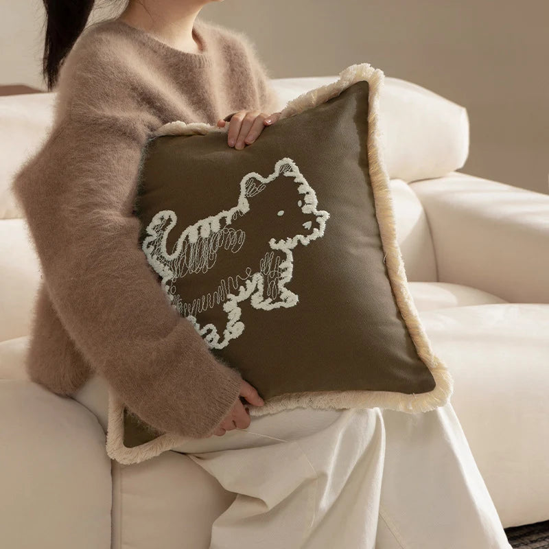 Throw Pillow Cover Embroidered Dog Motif Cotton-Linen Removable Zipper