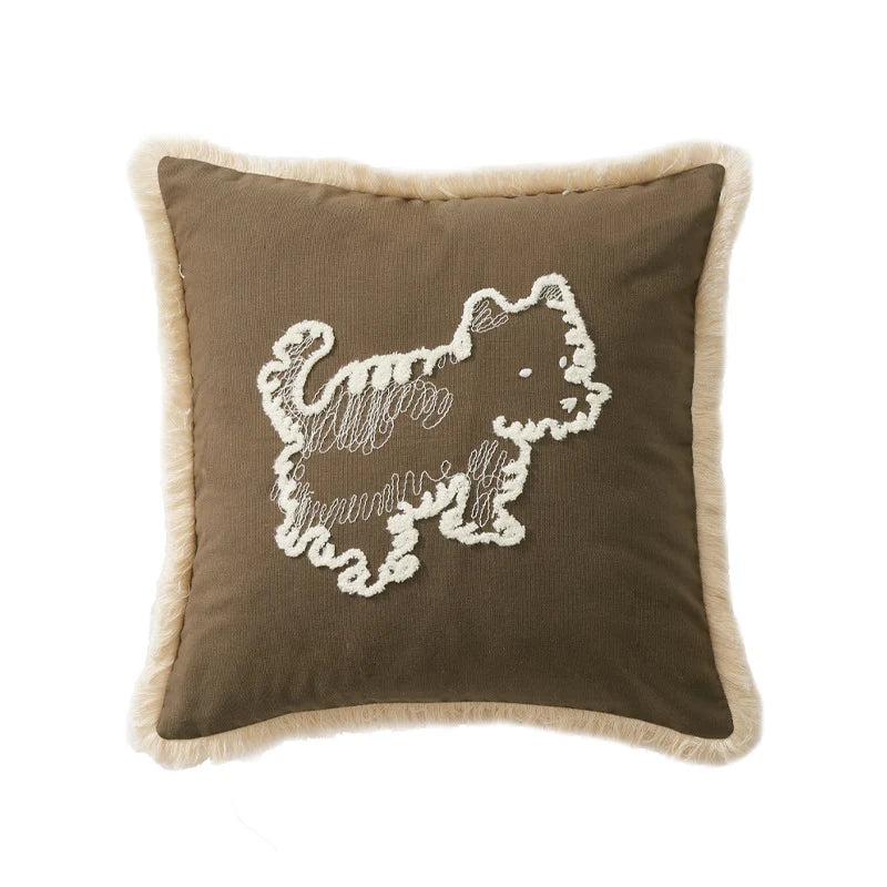 Throw Pillow Cover Embroidered Dog Motif Cotton-Linen Removable Zipper