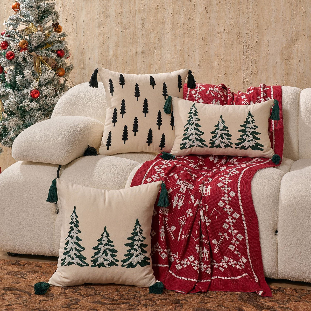 Throw Pillow Cover Embroidered Pine Trees Hidden Zipper & Corner Tassels