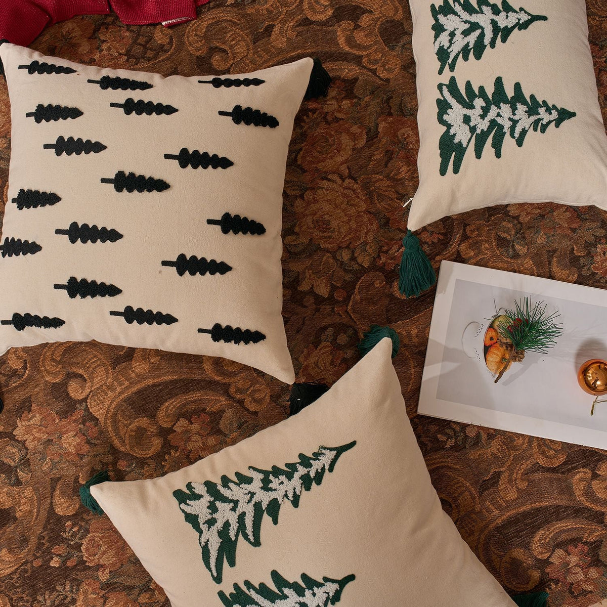 Throw Pillow Cover Embroidered Pine Trees Hidden Zipper & Corner Tassels