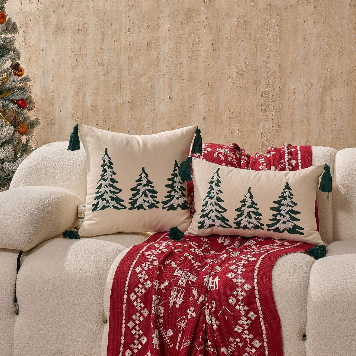 Throw Pillow Cover Embroidered Pine Trees Hidden Zipper & Corner Tassels