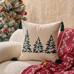 Throw Pillow Cover Embroidered Pine Trees Hidden Zipper & Corner Tassels