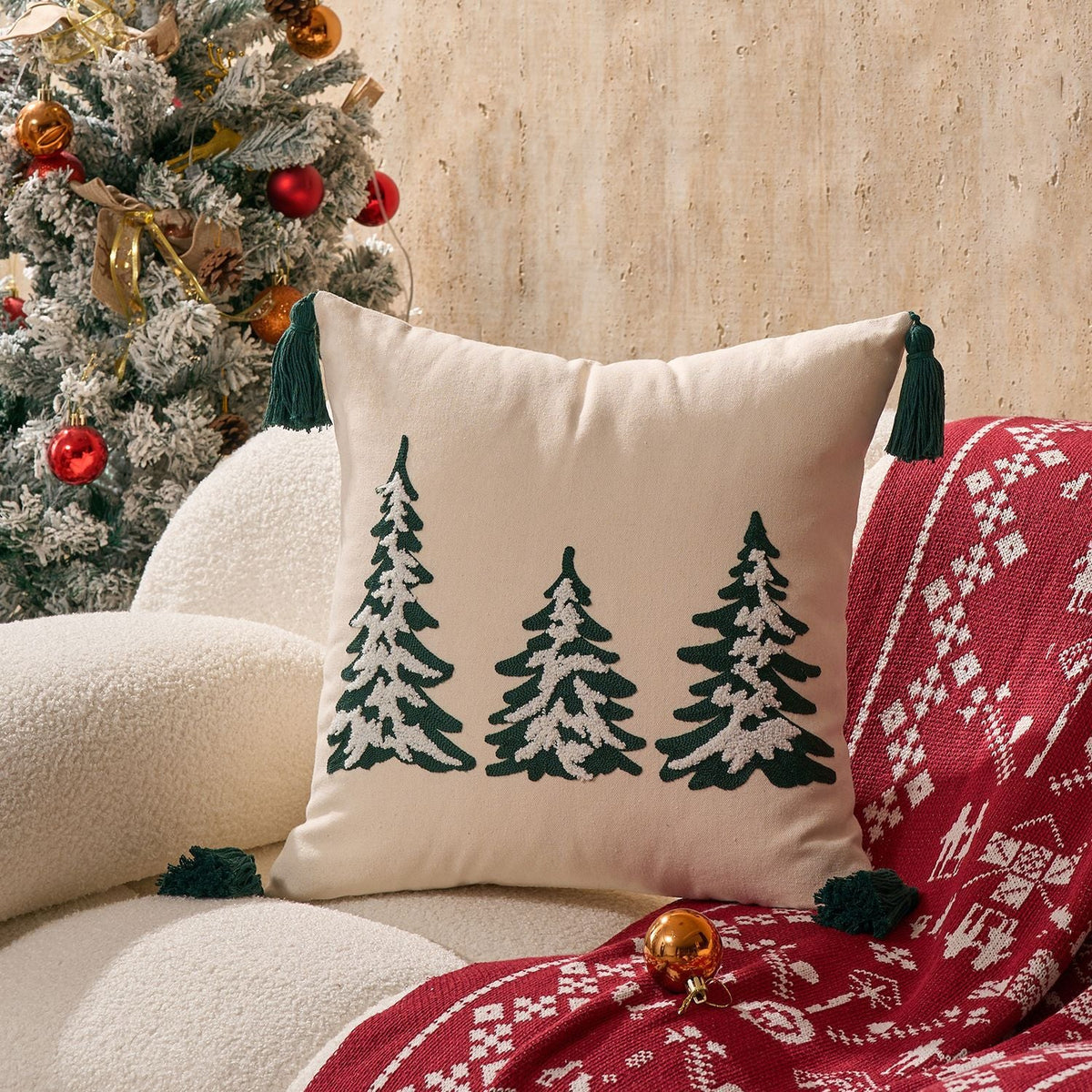 Throw Pillow Cover Embroidered Pine Trees Hidden Zipper & Corner Tassels