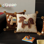 Throw Pillow Cover Embroidered Pony Applique Velvet Pom-Pom Trim
