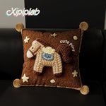 Throw Pillow Cover Embroidered Pony Applique Velvet Pom-Pom Trim