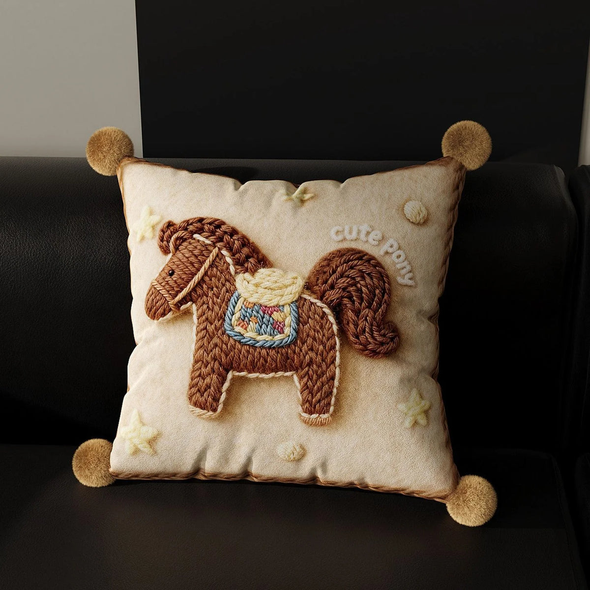 Throw Pillow Cover Embroidered Pony Applique Velvet Pom-Pom Trim