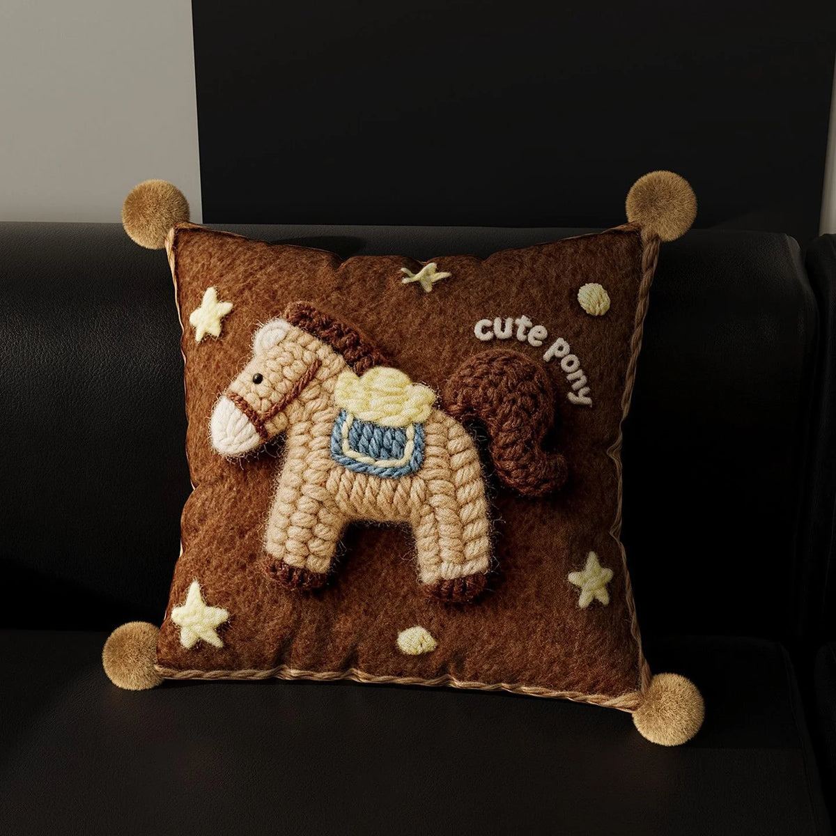Throw Pillow Cover Embroidered Pony Applique Velvet Pom-Pom Trim