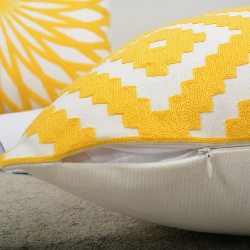 Throw Pillow Cover Embroidered Sunburst Cotton-Linen 18 Inch