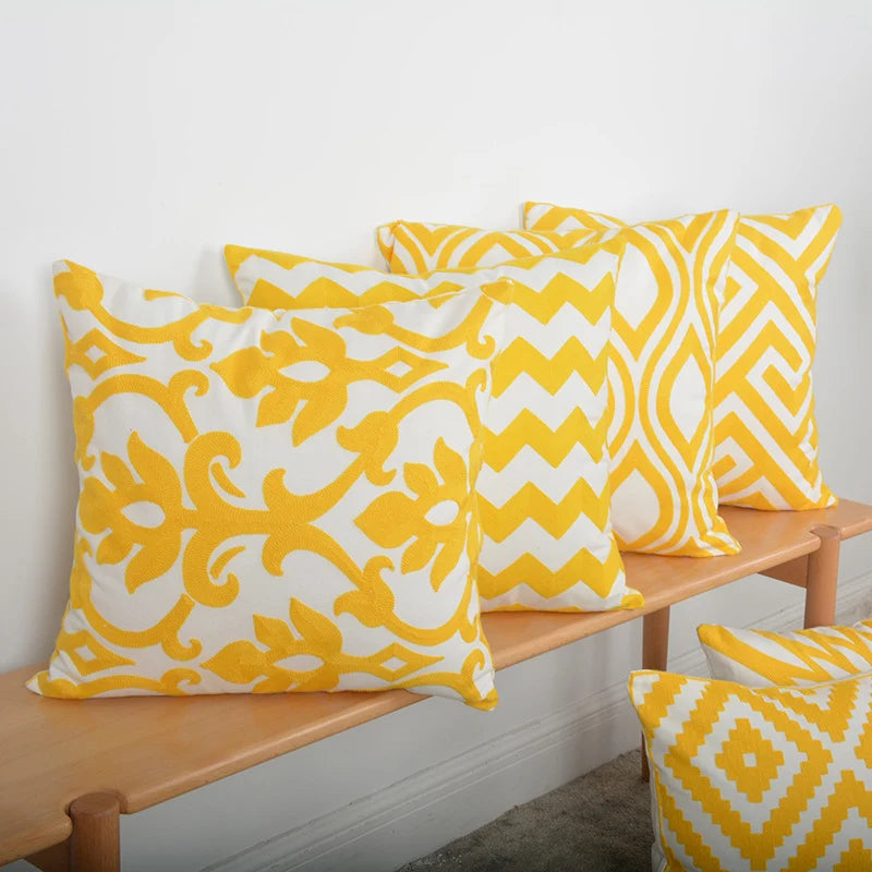 Throw Pillow Cover Embroidered Sunburst Cotton-Linen 18 Inch