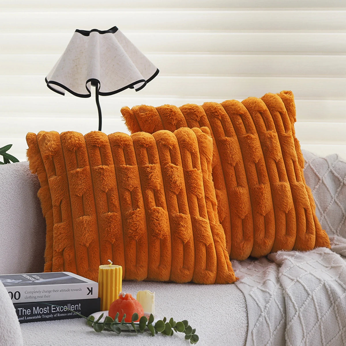 Throw Pillow Cover Faux Fur 3D Ribbed Concealed Zipper
