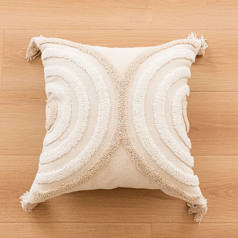 Throw Pillow Cover Geometric Raised Tufting & Hand-Tied Tassels