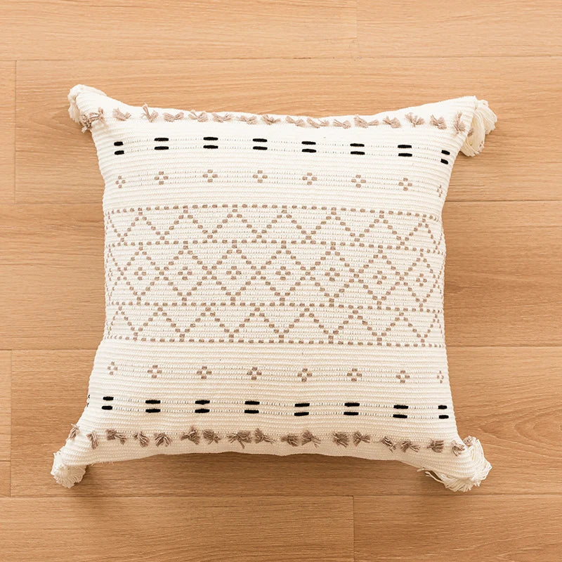 Throw Pillow Cover Geometric Raised Tufting & Hand-Tied Tassels