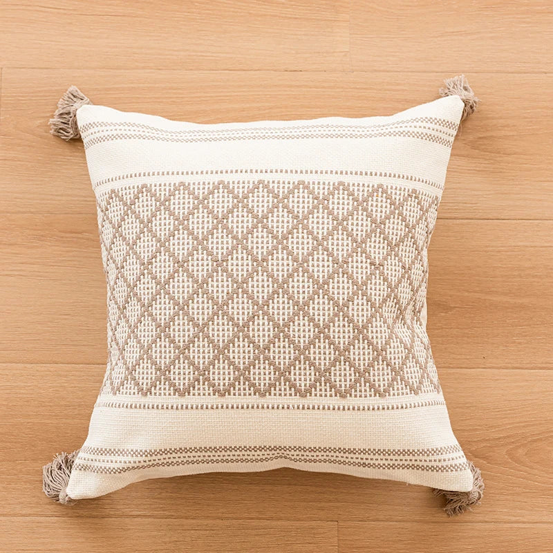Throw Pillow Cover Geometric Raised Tufting & Hand-Tied Tassels