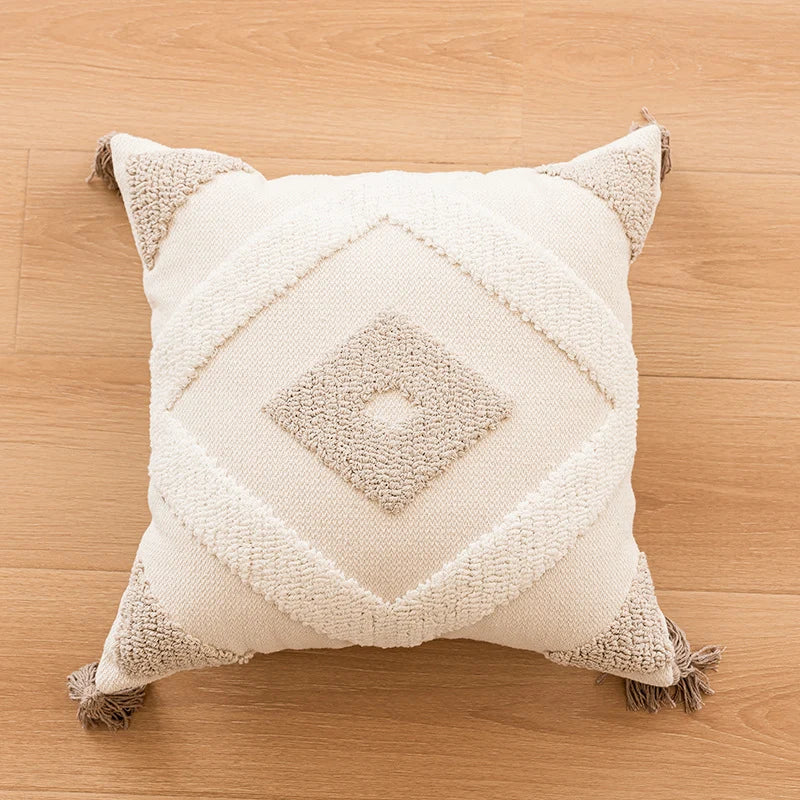Throw Pillow Cover Geometric Raised Tufting & Hand-Tied Tassels