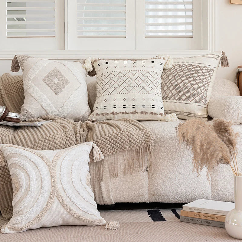 Throw Pillow Cover Geometric Raised Tufting & Hand-Tied Tassels