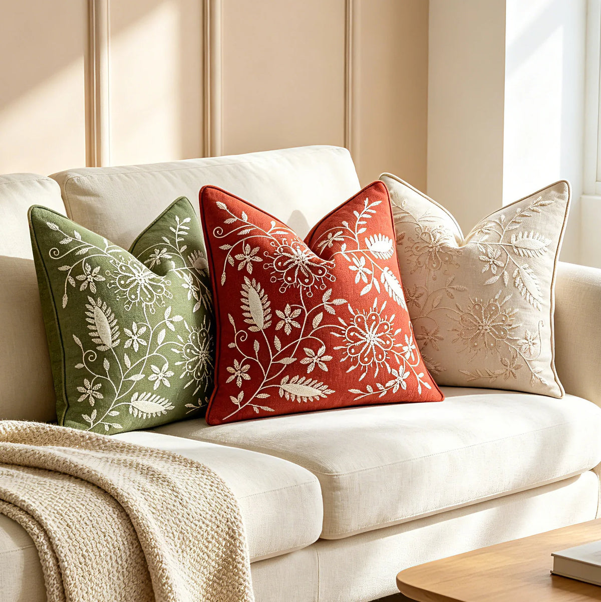 Throw Pillow Cover Hand-Embroidered Linen Blend Hidden Closure
