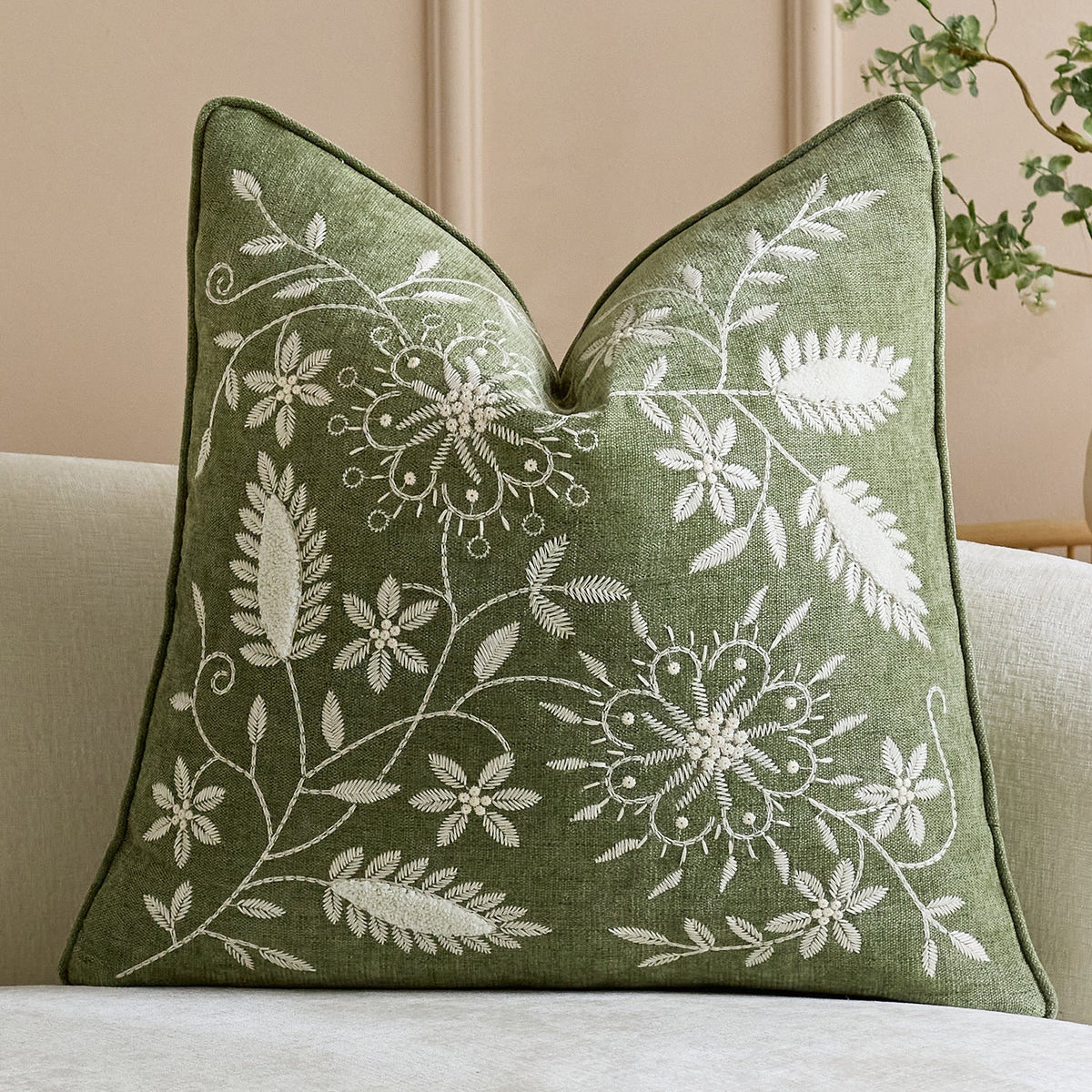 Throw Pillow Cover Hand-Embroidered Linen Blend Hidden Closure